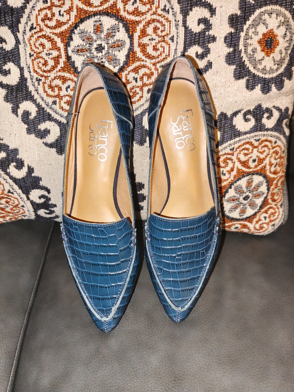Franco Sarto Blue Croc-Embossed Pointed Loafers